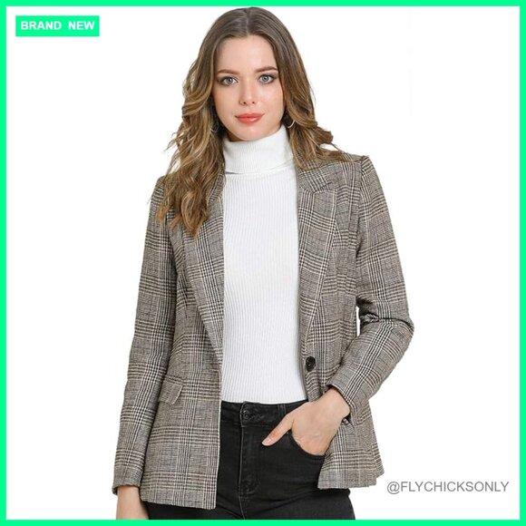 Notched Lapel Houndstooth Blazer One Button Boyfriend Fit Work Office